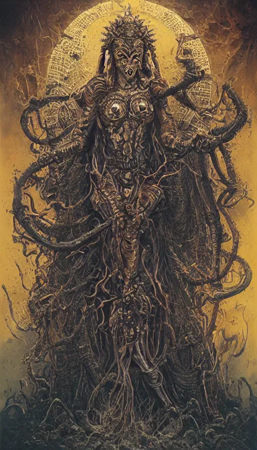 Prompt: Elden Ring, multi-armed hindu Kali exoskeleton armor evil saint icon portrait themed tarot card, the dark post-apocalyptic hellscape torment intricate golden artwork by Artgerm, Johnatan Wayshak, Zdizslaw Beksinski, Darius Zawadzki, H.R. Giger, Takato Yamamoto, masterpiece, very coherent artwork, cinematic, high detail, octane render, unreal engine, 8k, High contrast, golden ratio, trending on cgsociety, ultra high quality model, production quality cinema model in the style of Midjourney, highly detailed and intricate artwork, masterpiece, majestic, ephemeral, cinematic lighting, vivid and vibrant colors, iconic movie poster character production art concept, haunting, horror, gothic fog ambience, golden fire palette, Artstation trending, unreal engine, octane render