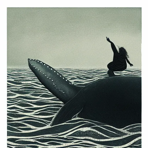 Image similar to maori girl riding a whale in ocean ,in the rain, style of Hiroshi Sugimoto ,atmospheric illustration,