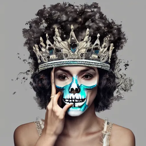 Image similar to full body potrait of a woman. woman is wearing a crown made of cigarettes. Woman is wearing a skull mask. Smoke effects forms question mark. Digital painting. Art station. Mood lighting. - h 1200