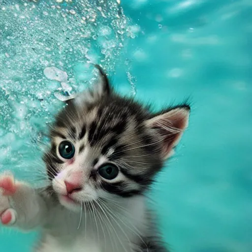 Prompt: a cute baby kitten swimming underwater trying to catch a fish, (((water bubbles))), award-winning photograph, national geographic, 8K UHD