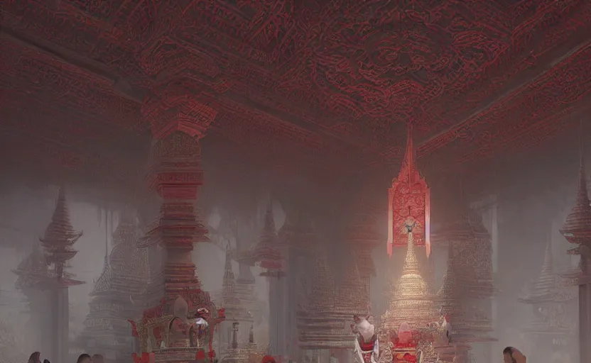 Prompt: thai temple, soft grey and red natural light, intricate, digital painting, artstation, concept art, smooth, sharp focus, illustration, art by greg rutkowski and luis rollo and uang guangjian and gil elvgren, symmetry!