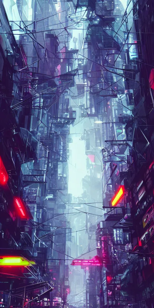 Image similar to the street between artificial megastructures, living spaces, dystopian cyberspace, landscape, concept art, brutalism, neon lights, colorful, cyberpunk, market, matte painting, in the style of BLAME!, wide angle,