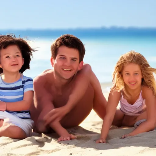 Image similar to wide 7 5 mm stock photo shot of a happy family on a beach, realistic shaded perfect face, realistic shaded lighting, 8 k ultra realistic