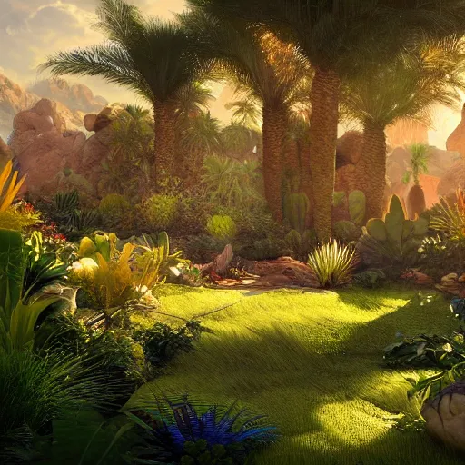 Image similar to a lush desert garden with bright colors, global illumination, dramatic sky and light rays, artstation