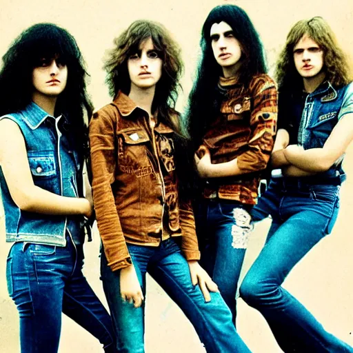 Image similar to group of 1 9 - year - old girls with shaggy wavy hair, wearing double denim, proto - metal band promo, heavy rock band promo photo, 1 9 7 5 photo