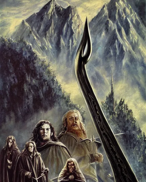 Prompt: lord of the rings poster done with concept art, oil painting, digital art, art by tom jung