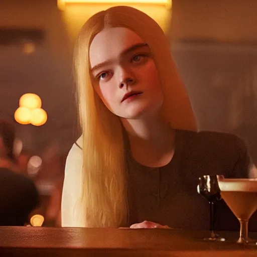 Image similar to Elle Fanning alone at a bar in the world of Edward Hopper, stormy weather, extremely detailed masterpiece, oil on canvas, low-key neon lighting, artstation, Blade Runner 2049, Roger Deakin’s cinematography, by J. C. Leyendecker and Peter Paul Rubens,