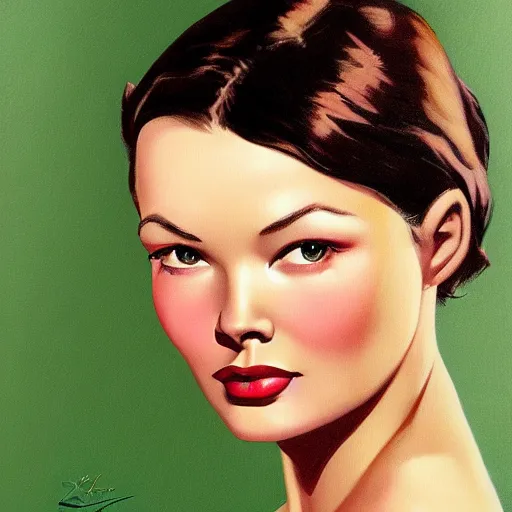 Image similar to young beautiful Gene Tierney color studio publicity photo , tight face shot portrait, highly detailed, digital painting, artstation, concept art, illustration, art , by dean cornwell