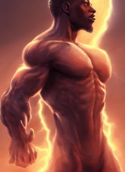 Prompt: a highly detailed illustration of short curly haired fade african god of lightning, evil summoning lightning from hands pose, moonlit clouds background, muscular, intricate, elegant, highly detailed, centered, digital painting, artstation, concept art, smooth, sharp focus, league of legends concept art, WLOP