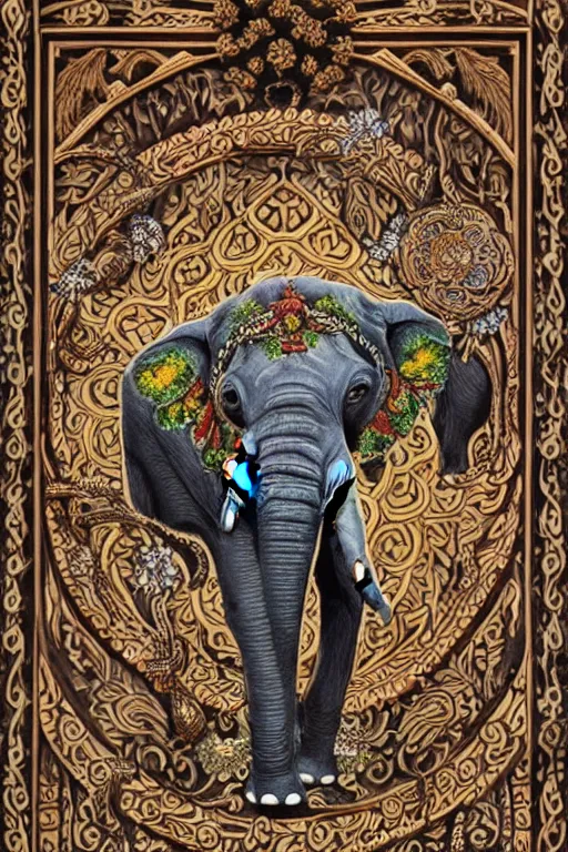 Image similar to Painted dark-wood panel relief carving of a close up of a Flowerpunk Matriarch Elephant, ornate border frame, explosion of colorful flowers, dark wood, intricately carved, black ink, festival of rich colors, intricate details, cinematic lighting, volumetric lighting, post-processing, art nouveau, tarot, fractal art, mandala, by andreas rocha and john howe, and Martin Johnson Heade, featured on artstation, featured on behance, golden ratio, hyper detailed, photorealistic, epic composition, center spotlight, f32, well composed, symmetrical, UE5, 8k