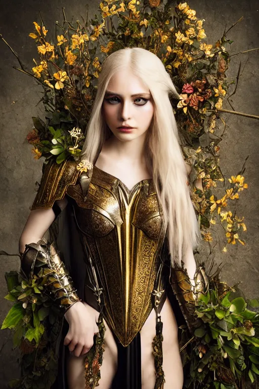 Prompt: very beautiful elven top model, golden hair, wearing dolce & gabbana gothic victorian armor with leaves and flowers, luxury materials, symmetrical, cinematic, elegant, professional studio light, real dlsr photography, sharp focus, 4 k, ultra hd, sense of awe, high fashion