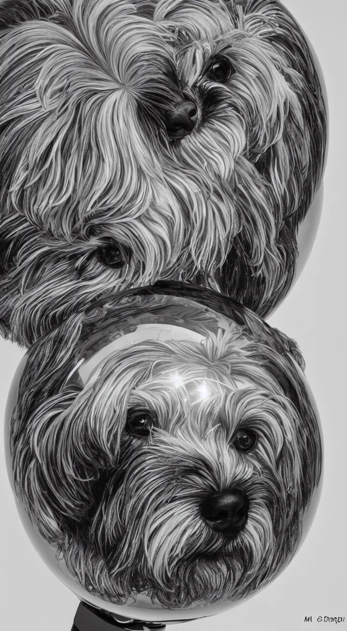 Image similar to full body portrait of one havanese dog reflected in a chrome sphere, ultra wide 1 0 mm, by m c escher pen and paper