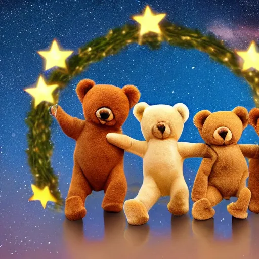 Image similar to a group of teddy bears standing in a circle holding hands outside their caste under a starry sky