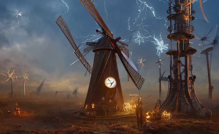 Image similar to a steampunk windmill, zoomed in, spinning fast, robot, blue fire, electricity lightning, concept art, sharp focus, intricate details, very high details, photorealistic, disney pixar, octane render, iridescent, anime, 8 k