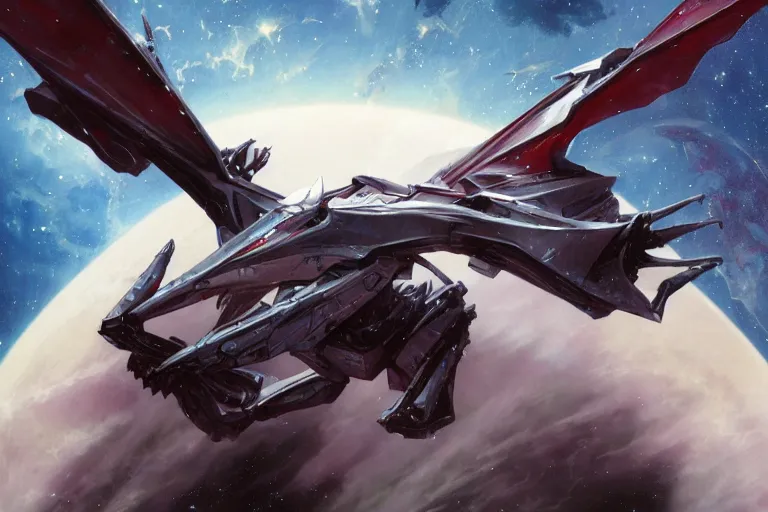 Image similar to gnostic space nebula framing a pteranodon mecha interceptor, small against the backdrop of space, white john berkey armor panels, wine-red and grey trim, robotech styling, with white Kanji markings outlined in black, boeing concept art painting, cinematic lighting, amazing lifelike cinematic photo render