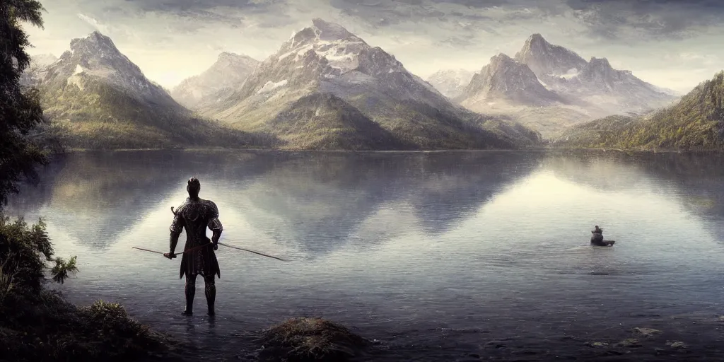 Prompt: beautiful landscape of small lake at midday with distant mountains and close - up of a symmetric detailed man in realistic detailed medieval armor facing off against a monster, ultra realistic, epic, highly detailed, hd, sharp focus, cinematic lighting, realistic, vivid colors, gritty, matt painting, digital art, non blurry, sharp, artstation, concept art, smooth, illustration