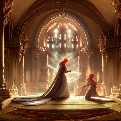 Image similar to an beautiful and detailed matte painting of a lesbian wedding between evil pyromancer and a red mage, unholy union, white church background, god rays, sharp focus, highly detailed, cinematic lighting, studio quality, colorful, smooth render, vector illustration, award winning, by artgerm, greg rutkowski, alphonse mucha