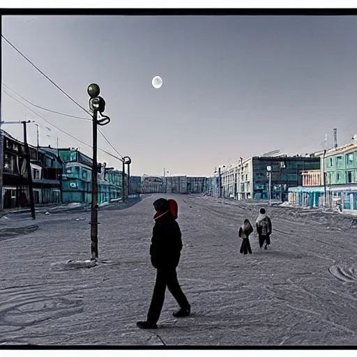 Image similar to moonwalker streetphoto, city street on the moon, a detailed photo of a norilsk, moon landscape