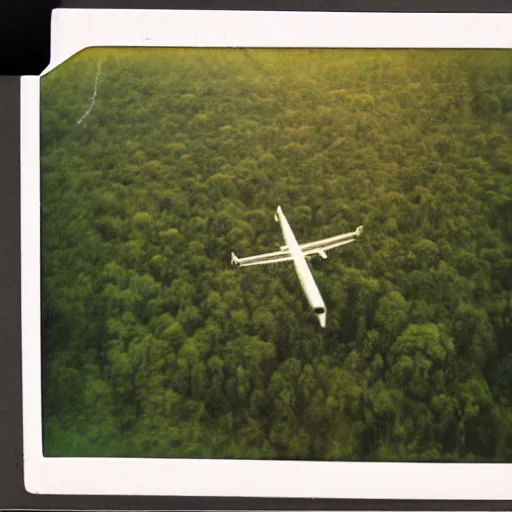 Image similar to heavily green tinted vintage polaroid photograph of a plane flying above a forest, ground level view