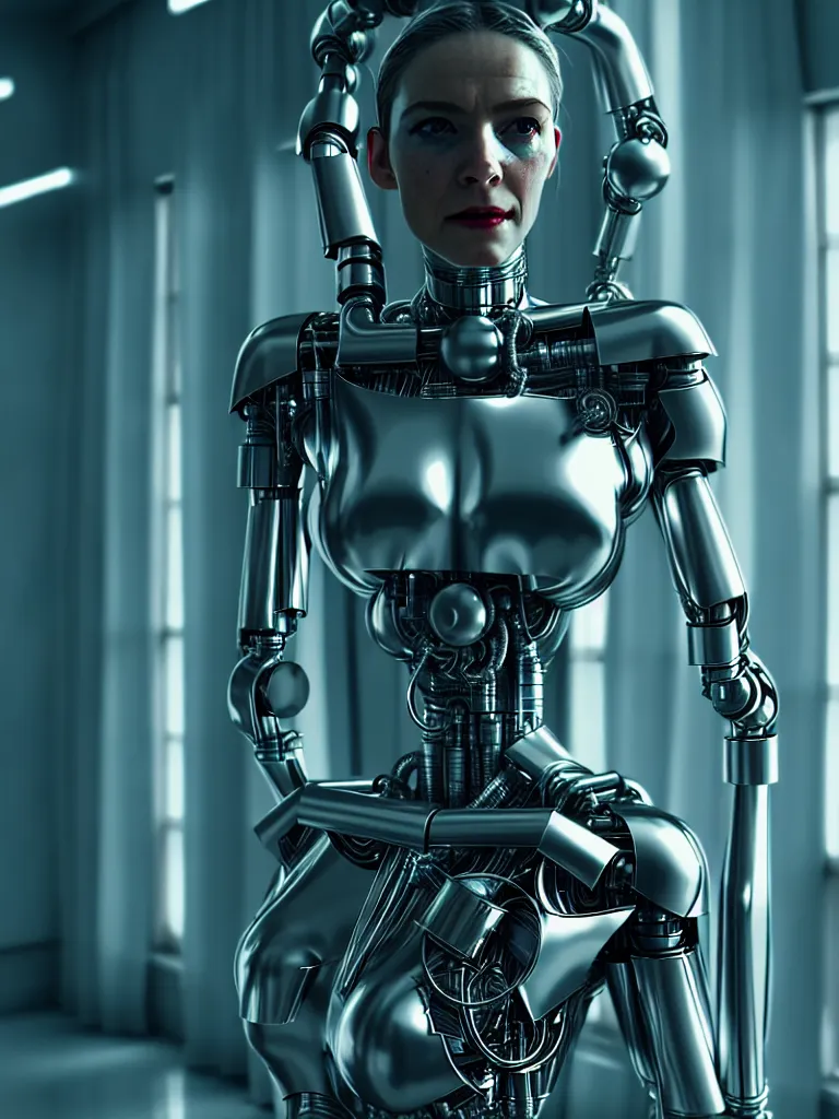 Prompt: film still of a mechanical woman in a marvel movie, science fiction industrial hard science concept art, 8K render octane high definition cgsociety, photorealistic, unreal engine 5