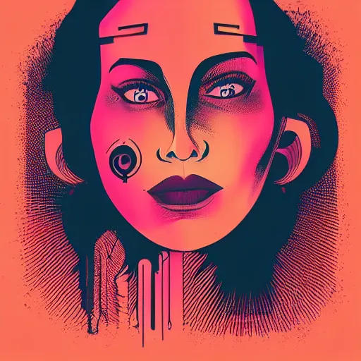 Prompt: a beautiful face of a woman, with a tattoo of semi colon on her face, in retro colors, synthwave style, 2 d digital vector art