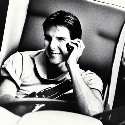 Image similar to Polaroid of Tom Cruise sitting in recliner with remote control watching tv 1983