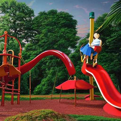 Image similar to Studio Ghibli enormous, never-ending playground of slides, swings, and many-storied playground equipment at dusk by Hayao Miyazaki and Thomas Kincade