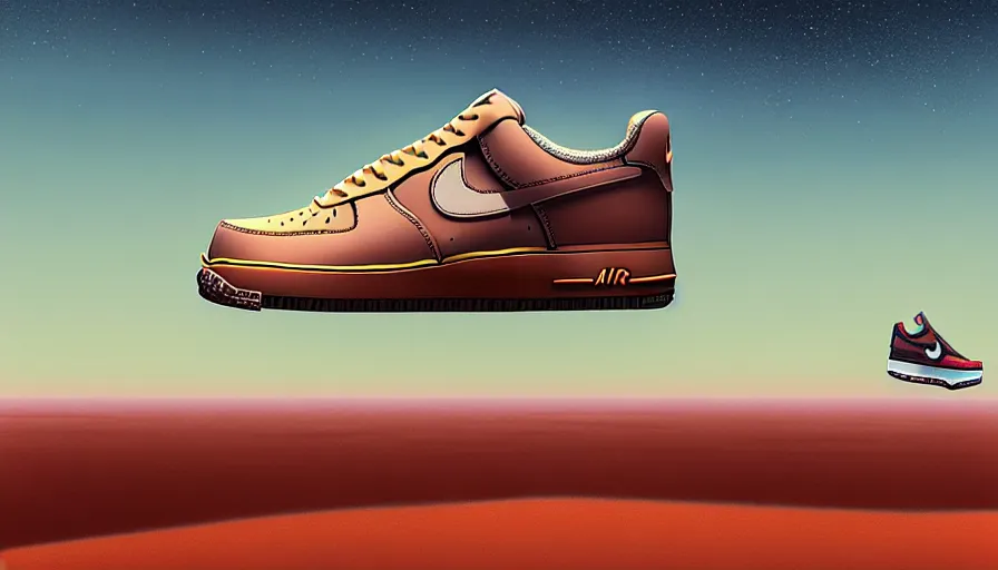 Image similar to a beautiful matte painting of nike air force 1 shoe in desert of morocco, simon stalenhag and jakub rozalski and alan bean, trending on artstation, realistic rendering