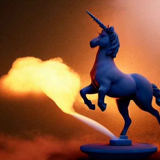 Image similar to a statue of a ramping unicorn sourrounded by a colorful smoke, victorian baroque, hyperrealistic, detailed, depth of field, High definition, 8k, depth of field, octane render, artstation