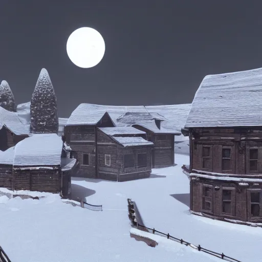 Image similar to a snowy village on the moon, 8 k, highly detailed, unreal engine render