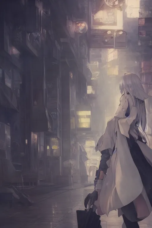 Image similar to a white haired girl with a guitar on her back shopping at a convenience store at night, grey and dark theme, s line, 4 5 angel by krenz cushart and mucha and makoto shinkai and akihito yoshida and greg rutkowski, nier : automata inspired, 4 k resolution