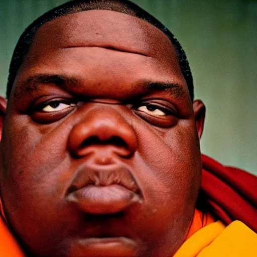 Image similar to detailed photography by Annie Leibovitz of the Notorious BIG, a buddhist monk who turned into the new Dalai Lama