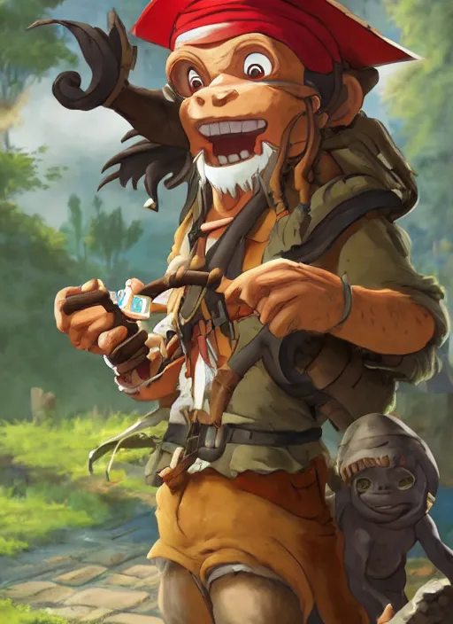 Image similar to studio ghibli pathfinder 2 e illustration of a goblin mixed with a monkey smoking a cigar, pirate themed, character portrait, unreal engine, hyper realism, realistic shading, cinematic composition, realistic render, octane render, detailed textures, photorealistic, wide shot