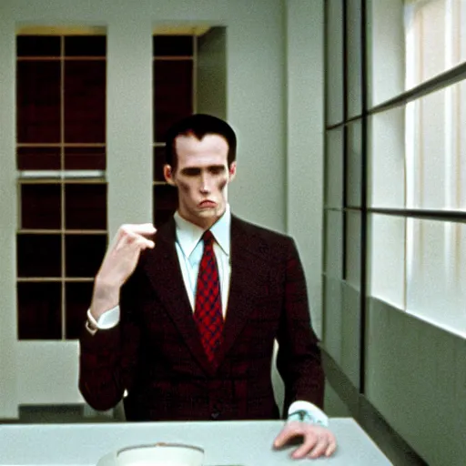 Image similar to the american psycho by wes anderson, cinematic still