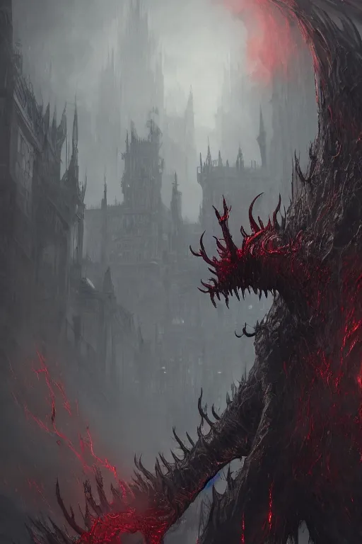 Prompt: a headless demon with unusually large arms as a Bloodborne boss, digital painting, WLOP, trending on artstation, 8k, epic composition, highly detailed, sharp focus