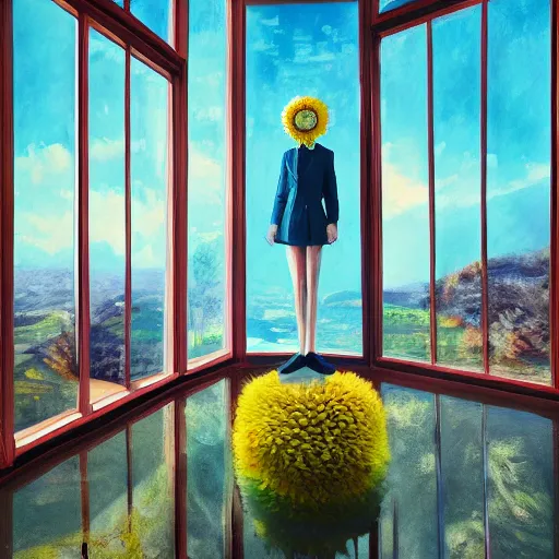 Prompt: huge daisy flower head, a woman in suit, standing next to modern window in luxury apartment, surreal photography, sunlight, impressionist painting, digital painting, artstation, simon stalenhag