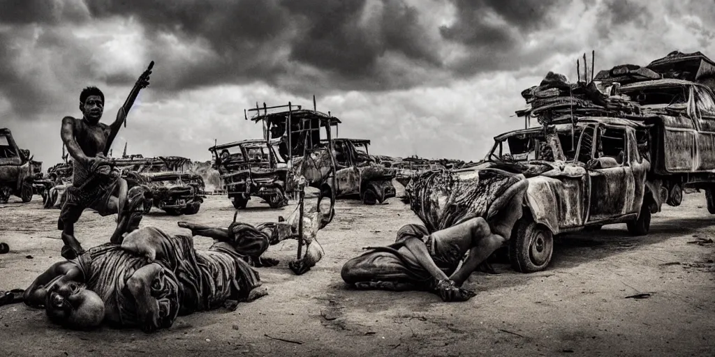 Image similar to sri lankan mad max style, city, film still, epic shot cinematography, rule of thirds