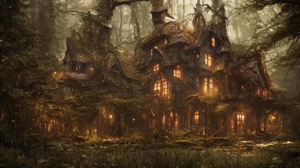 Prompt: a magical house in a forest, high detail, digital art, painted by greg rutkowski, painted by seb mckinnon, trending on artstation