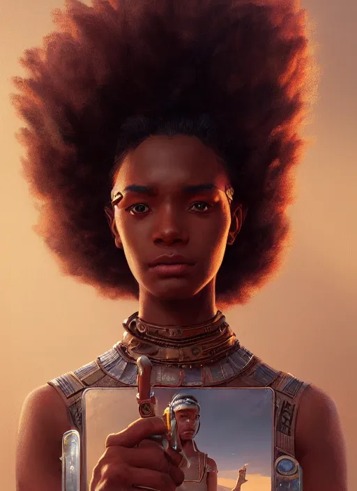 Prompt: highly detailed portrait of protagonist from futuristic movie, brown skin, egyptian design, adventure game, d & d, fantasy art by greg rutkowski, stanley artgerm, loish, rhads, tom bagshaw, global illumination, radiant light, detailed and intricate environment