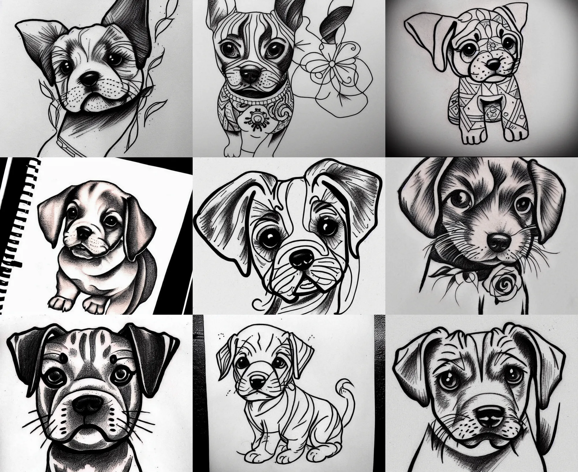 Image similar to Tattoo Design line sketch adorable Puppy, bold strong lines very highly aesthetic