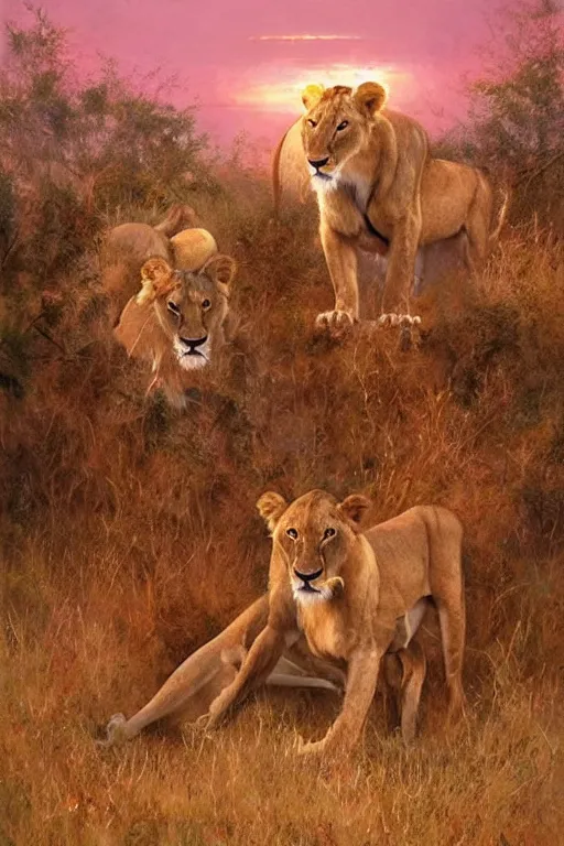 Image similar to spiritual twin flame lioness hunting deer art, pink sunset hue, highly detailed, oil painting hue, by craig mullins