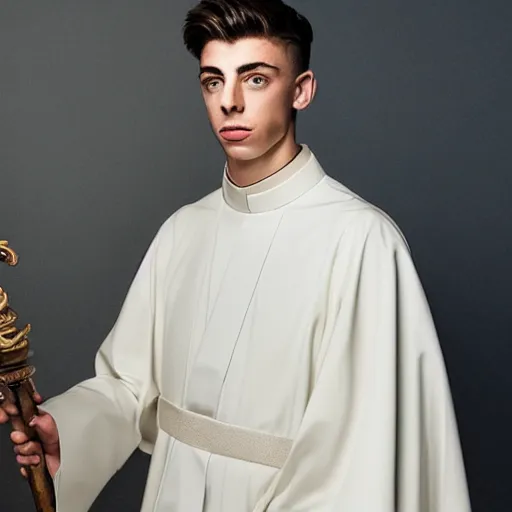 Image similar to attractive kai havertz wearing priest outfit holding large detailed ivory candlestick. natural lighting by ruan jia, portrait