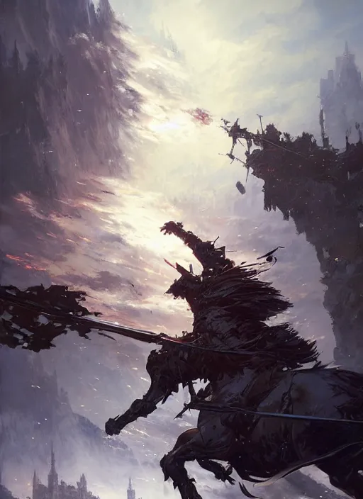 Image similar to 4k knight dodging an attack in a fantasy setting, art by greg rutkowski, art by craig mullins, art by thomas kincade, art by Yoshitaka Amano