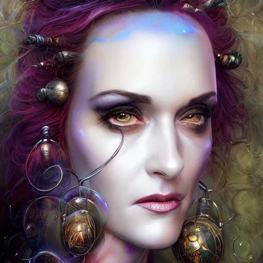 Image similar to closeup portrait shot of winona ryder as delirium of the endless, the sandman, thick fancy makeup, highly detailed, digital painting, artstation, concept art, soft focus, depth of field, artgerm, tomasz alen kopera, peter mohrbacher, donato giancola, joseph christian leyendecker, wlop, boris vallejo