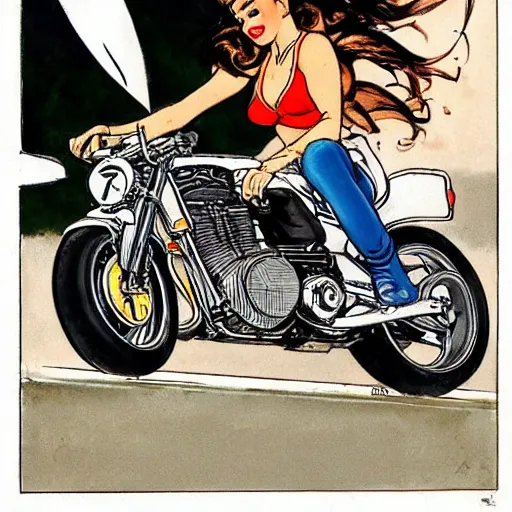 Prompt: a pin up riding a touring motorcycle at high speed, front view, by milo manara