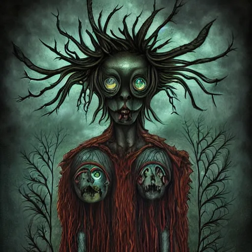 Prompt: the dark and ominous mushroom spirit tribe that wants you to bite off your own tongue so they can keep it for themselves, in a psychedelic darkfantasy style by amanda sage and anton semenov