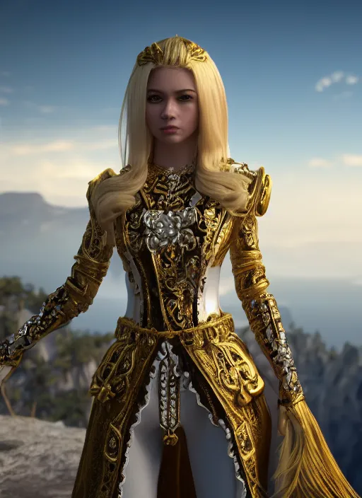 Prompt: a photo of 8 k ultra realistic humanoid princess with long blonde hair, standing next to a beautiful view, ornate white and gold officers outfit, cinematic lighting, trending on artstation, 4 k, hyperrealistic, focused, extreme details, unreal engine 5, cinematic, masterpiece