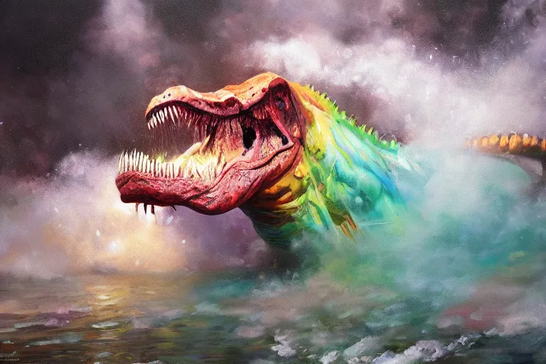 Image similar to highly detailed oil painting of a tyrannosaurus rex in a steaming colorful hotspring stream, featured on artstation