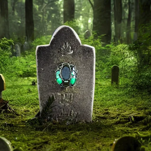 Prompt: side view of a beautiful abandoned tombstone with an embedded emerald laying on the ground, in a deep forest, overgrown foliage taking over it, close - up, 3 5 mm, biopunk, bokeh, beautiful, lens flare, emotional, detailed, picture, trending on artstation, award - winning, shiny, golden, octane render