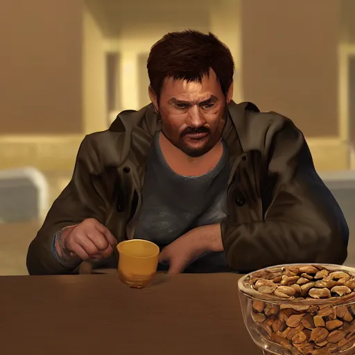 Prompt: jc denton from deus ex eats cereal at a table near liberty island, high quality, photorealistic, highly detailed, 4 k, hd